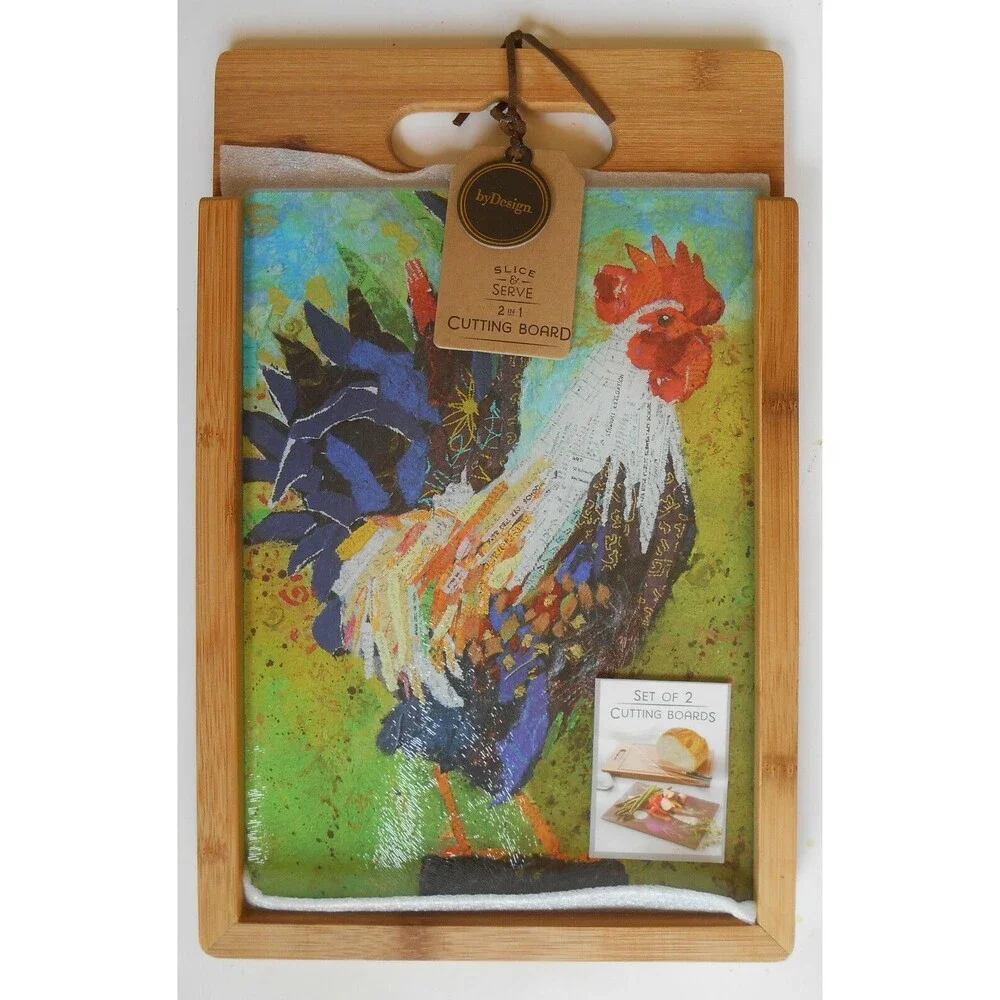 Silvestri Demdaco Rooster Wood and Glass Cutting Board Set, Multicolor